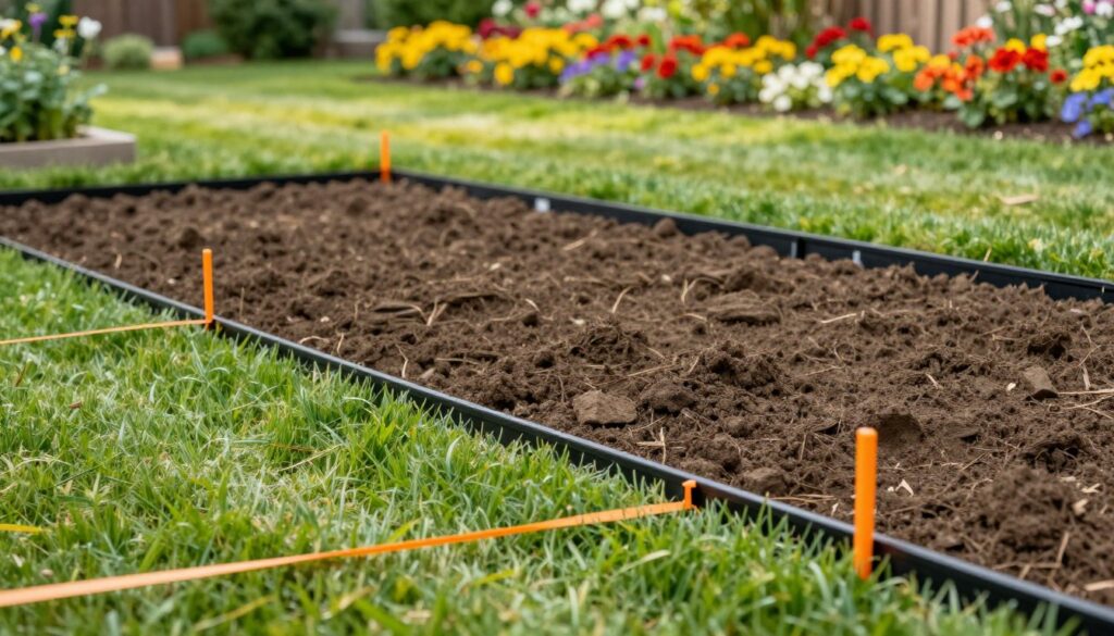 A well-prepared garden installation site showcasing the "preparing the ground and marking the installation line" process. In the foreground, a neatly marked line indicating where the plastic lawn edging will be installed, with stakes and bright orange marking tape visible. The middle ground features freshly turned soil, about to be leveled for an even installation. In the background, a lush green lawn fades into a colorful flower bed, with bright blooms adding vibrancy. The scene is illuminated by soft, natural sunlight filtering through light clouds, creating a serene atmosphere. The image should suggest a sense of organization and readiness for landscaping work, without any human presence or distractions, focusing purely on the outdoor setting. A well-prepared garden installation site showcasing the "preparing the ground and marking the installation line" process. In the foreground, a neatly marked line indicating where the plastic lawn edging will be installed, with stakes and bright orange marking tape visible. The middle ground features freshly turned soil, about to be leveled for an even installation. In the background, a lush green lawn fades into a colorful flower bed, with bright blooms adding vibrancy. The scene is illuminated by soft, natural sunlight filtering through light clouds, creating a serene atmosphere. The image should suggest a sense of organization and readiness for landscaping work, without any human presence or distractions, focusing purely on the outdoor setting.