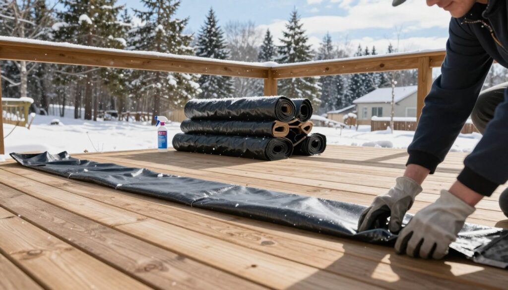 A wooden terrace being prepared for winter, showcasing essential steps for winterizing outdoor spaces. In the foreground, a pair of hands wearing gardening gloves carefully arranging protective covers over wooden boards. In the middle ground, neatly stacked winterizing materials such as tarps and weatherproofing sprays. The background features a picturesque winter landscape with lightly falling snow, pine trees, and a clear blue sky. Soft, natural lighting highlights the scene, creating a serene and calm atmosphere. The angle is slightly elevated, capturing the action of preparation with a focus on the wooden terrace's surface, emphasizing the importance of protecting it from moisture. The overall mood is proactive and refreshing, evoking a sense of readiness for the winter season. A wooden terrace being prepared for winter, showcasing essential steps for winterizing outdoor spaces. In the foreground, a pair of hands wearing gardening gloves carefully arranging protective covers over wooden boards. In the middle ground, neatly stacked winterizing materials such as tarps and weatherproofing sprays. The background features a picturesque winter landscape with lightly falling snow, pine trees, and a clear blue sky. Soft, natural lighting highlights the scene, creating a serene and calm atmosphere. The angle is slightly elevated, capturing the action of preparation with a focus on the wooden terrace's surface, emphasizing the importance of protecting it from moisture. The overall mood is proactive and refreshing, evoking a sense of readiness for the winter season.