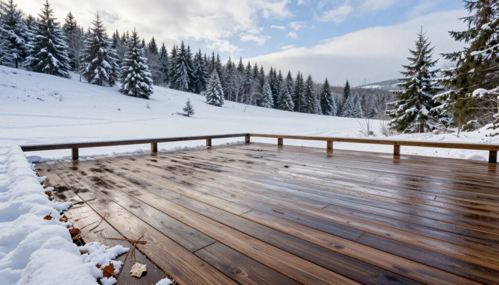 A wooden terrace in a serene winter landscape, blanketed with soft, powdery snow. In the foreground, intricately designed wooden boards with a slight sheen from moisture-proof treatment, showcasing subtle textures. Scattered pine needles and fallen leaves emphasize nature's embrace. In the middle ground, gently sloping hills with evergreen trees dusted with snow create a tranquil scene. The background features a soft blue sky with delicate wisps of clouds, casting gentle, diffused lighting across the scene. The overall mood conveys peaceful solitude, reflecting the importance of protecting wooden decking during winter. The angle is slightly elevated, giving a comprehensive view of the terrace in its winter context. The image has no people or text, focusing solely on the beauty and care of the wooden terrace in winter. A wooden terrace in a serene winter landscape, blanketed with soft, powdery snow. In the foreground, intricately designed wooden boards with a slight sheen from moisture-proof treatment, showcasing subtle textures. Scattered pine needles and fallen leaves emphasize nature's embrace. In the middle ground, gently sloping hills with evergreen trees dusted with snow create a tranquil scene. The background features a soft blue sky with delicate wisps of clouds, casting gentle, diffused lighting across the scene. The overall mood conveys peaceful solitude, reflecting the importance of protecting wooden decking during winter. The angle is slightly elevated, giving a comprehensive view of the terrace in its winter context. The image has no people or text, focusing solely on the beauty and care of the wooden terrace in winter.