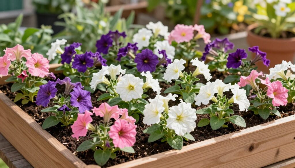 An aesthetically pleasing arrangement of petunia seedlings in wooden planters filled with rich soil, showcasing an optimal planting pattern for a dense flowering composition. The foreground features vibrant petunia seedlings in various colors like pink, purple, and white, with lush green leaves, neatly spaced for maximum growth. In the middle ground, the wooden planters are arranged on a rustic table, hinting at a well-tended garden environment. The background includes a soft-focus of garden greenery under bright, natural sunlight, creating a warm and inviting atmosphere. The lighting is bright yet soft, enhancing the colors of the flowers. The angle captures the scene from a slightly elevated perspective, emphasizing the layout and variety of seedlings for a striking visual impact. An aesthetically pleasing arrangement of petunia seedlings in wooden planters filled with rich soil, showcasing an optimal planting pattern for a dense flowering composition. The foreground features vibrant petunia seedlings in various colors like pink, purple, and white, with lush green leaves, neatly spaced for maximum growth. In the middle ground, the wooden planters are arranged on a rustic table, hinting at a well-tended garden environment. The background includes a soft-focus of garden greenery under bright, natural sunlight, creating a warm and inviting atmosphere. The lighting is bright yet soft, enhancing the colors of the flowers. The angle captures the scene from a slightly elevated perspective, emphasizing the layout and variety of seedlings for a striking visual impact.