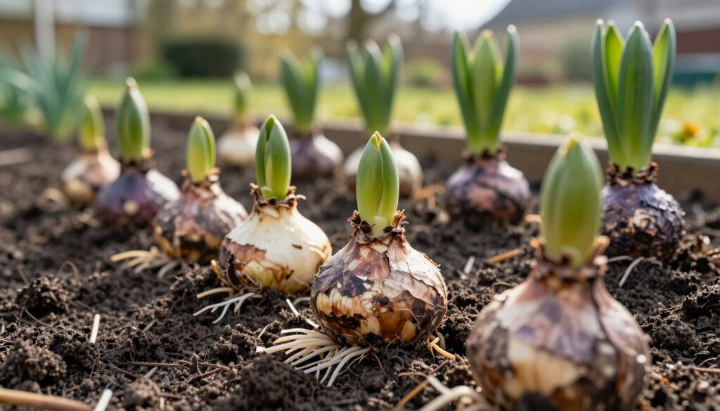 Close-up image of hyacinth bulb offsets showcasing their intricate structures and natural textures. In the foreground, several healthy bulbs with distinct layers of papery skin and developing roots, sprouting green shoots hinting at new growth. The middle ground features a well-tended garden bed, rich in dark, loose soil, where more hyacinths are clustered, emphasizing the process of division and propagation. In the background, soft-focus garden elements create a serene atmosphere, with early spring sunlight filtering through leaves, casting gentle shadows. The overall mood evokes a sense of nurturing and growth, highlighting the beauty of nature’s cycle. Capture this scene with warm, natural lighting, using a macro lens for detailed clarity, ensuring the colors of the bulbs are vibrant and inviting, devoid of any text or watermarks.