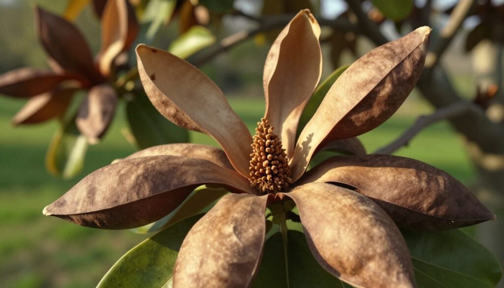 Close-up view of magnolia seeds, showcasing their distinctive shape and texture. The foreground highlights the unique, elongated oval forms, with a smooth surface and subtle color variations of deep brown and light tan. In the middle, place partially opened magnolia fruit bursting with seeds, surrounded by a lush green environment, suggesting natural growth. The background features soft-focus blurred leaves of a magnolia tree under warm, dappled sunlight filtering through branches, casting gentle shadows. Capture the essence of a late summer afternoon, with a serene and peaceful atmosphere, emphasizing the beauty and details of the fruiting bodies. The angle should be slightly tilted for a dynamic perspective, evoking curiosity and appreciation for the natural world. Close-up view of magnolia seeds, showcasing their distinctive shape and texture. The foreground highlights the unique, elongated oval forms, with a smooth surface and subtle color variations of deep brown and light tan. In the middle, place partially opened magnolia fruit bursting with seeds, surrounded by a lush green environment, suggesting natural growth. The background features soft-focus blurred leaves of a magnolia tree under warm, dappled sunlight filtering through branches, casting gentle shadows. Capture the essence of a late summer afternoon, with a serene and peaceful atmosphere, emphasizing the beauty and details of the fruiting bodies. The angle should be slightly tilted for a dynamic perspective, evoking curiosity and appreciation for the natural world.