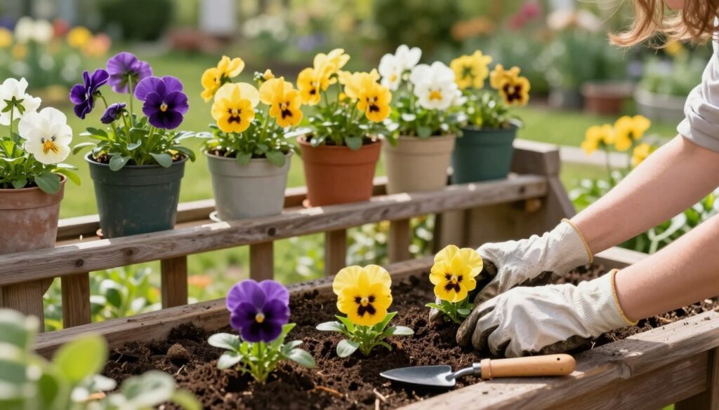 In a serene garden setting, a step-by-step guide to planting pansies is visualized. In the foreground, a pair of hands in modest gardening gloves carefully positions vibrant pansy seedlings in rich, dark soil, with small gardening tools lying nearby. The middle layer showcases a rustic wooden balcony adorned with colorful pots filled with bright pansies in full bloom, their vivid purples, yellows, and whites contrasting beautifully with the lush greenery. In the background, a softly blurred landscape of blooming flowers and gentle sunlight filters through, creating a warm and inviting atmosphere. The natural light casts soft shadows, emphasizing the textures of the soil and petals, inviting garden enthusiasts to embrace the joy of planting pansies.