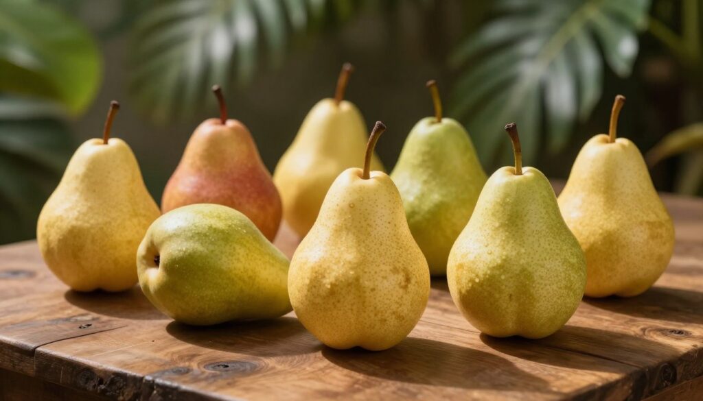 Lush and exotic lesser-known fruits with a pear-like shape, artfully arranged on a rustic wooden table. The scene captures a variety of fruits, each showcasing unique colors and textures—some with smooth, glossy skin, while others have a slightly rough, textured surface. A soft, warm light cascades down from an overhead source, creating gentle shadows and highlighting the fruits’ natural beauty. In the background, blurred green foliage suggests a tropical environment, further enhancing the theme of exoticism. The perspective is slightly angled to create depth, inviting the viewer into a serene and inviting atmosphere, perfectly suited for exploring the delightful world of unusual pear-shaped fruits. Lush and exotic lesser-known fruits with a pear-like shape, artfully arranged on a rustic wooden table. The scene captures a variety of fruits, each showcasing unique colors and textures—some with smooth, glossy skin, while others have a slightly rough, textured surface. A soft, warm light cascades down from an overhead source, creating gentle shadows and highlighting the fruits’ natural beauty. In the background, blurred green foliage suggests a tropical environment, further enhancing the theme of exoticism. The perspective is slightly angled to create depth, inviting the viewer into a serene and inviting atmosphere, perfectly suited for exploring the delightful world of unusual pear-shaped fruits.
