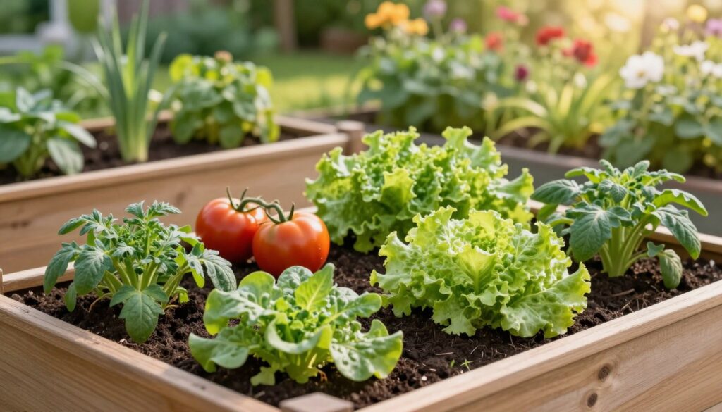 Lush and vibrant garden scene featuring a wooden vegetable planting box filled with rich, dark soil, ideal for growing various vegetables. In the foreground, the box is overflowing with healthy, green plants like tomatoes, lettuce, and herbs, showcasing their glossy leaves and fresh colors. The middle ground includes another box with a slightly different soil texture, illustrating the choice of potting mixes, while the background features a sunny garden with flowering plants and greenery. Soft, warm sunlight filters through the foliage, creating a peaceful and inviting atmosphere. The image captures the nurturing aspect of gardening, emphasizing the importance of soil quality while maintaining a crisp focus with a shallow depth of field.