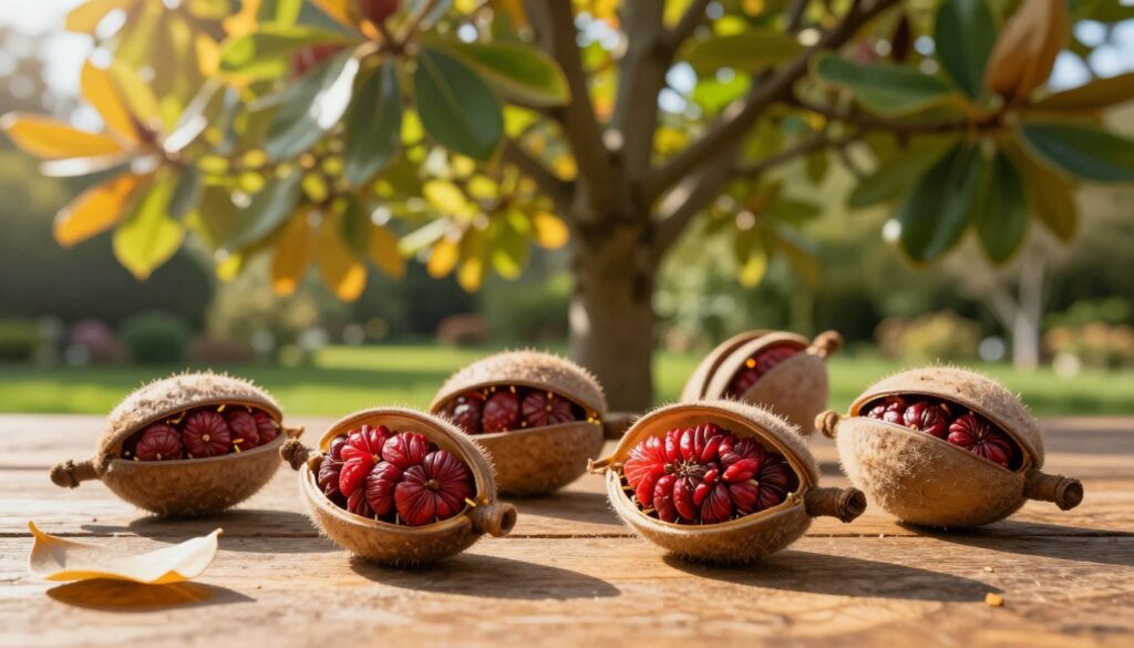 Magnolia seeds resting on a wooden surface in a serene garden setting, surrounded by partially opened magnolia fruit pods, revealing their vibrant red seeds. The scene captures autumn lighting, with golden sunlight filtering through the leaves, creating soft shadows. In the background, a lush magnolia tree stands tall, its green foliage contrasting with the warm colors of the seeds. The focus is sharp on the seeds, showcasing their intricate texture and rich hues. A gentle breeze stirs, adding motion to nearby leaves, evoking a calm and inviting atmosphere, perfect for illustrating the best time to collect seeds from the garden. Magnolia seeds resting on a wooden surface in a serene garden setting, surrounded by partially opened magnolia fruit pods, revealing their vibrant red seeds. The scene captures autumn lighting, with golden sunlight filtering through the leaves, creating soft shadows. In the background, a lush magnolia tree stands tall, its green foliage contrasting with the warm colors of the seeds. The focus is sharp on the seeds, showcasing their intricate texture and rich hues. A gentle breeze stirs, adding motion to nearby leaves, evoking a calm and inviting atmosphere, perfect for illustrating the best time to collect seeds from the garden.