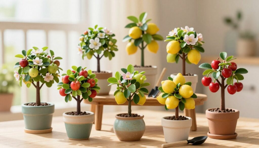 Miniature fruit trees in vibrant colors, featuring varieties like dwarf apple, lemon, and cherry trees, each growing in decorative ceramic pots. The foreground showcases the lush green foliage and ripe, colorful fruits, with delicate blossoms adding a pop of pink and white. The middle ground includes a small wooden table adorned with gardening tools, enhancing the theme of container gardening. In the background, a soft-focus balcony scene is visible, with sunlight streaming through a light, airy curtain, creating a warm and inviting atmosphere. The image should evoke a sense of tranquility and joy, capturing the essence of urban gardening. Bright and natural lighting enhances the rich colors of the trees and fruits, while a slightly low angle gives a sense of depth and intimacy to the scene. Miniature fruit trees in vibrant colors, featuring varieties like dwarf apple, lemon, and cherry trees, each growing in decorative ceramic pots. The foreground showcases the lush green foliage and ripe, colorful fruits, with delicate blossoms adding a pop of pink and white. The middle ground includes a small wooden table adorned with gardening tools, enhancing the theme of container gardening. In the background, a soft-focus balcony scene is visible, with sunlight streaming through a light, airy curtain, creating a warm and inviting atmosphere. The image should evoke a sense of tranquility and joy, capturing the essence of urban gardening. Bright and natural lighting enhances the rich colors of the trees and fruits, while a slightly low angle gives a sense of depth and intimacy to the scene.