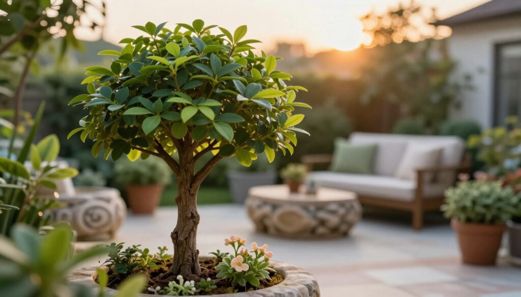 Miniature tree on a trunk, positioned in the foreground, showcasing vibrant green leaves and a textured bark, with small flowers blooming at its base. The middle ground features a cozy terrace setting with decorative stones and potted plants that complement the tree, creating a serene, garden atmosphere. The background includes a softly lit garden space, with blurred greenery and the warm glow of sunset lighting filtering through, enhancing the tranquil mood. The angle should capture the intricate details of the tree while providing a glimpse of the inviting terrace. Ensure a soft focus effect, highlighting the natural beauty and elegance of a well-maintained miniature landscape.