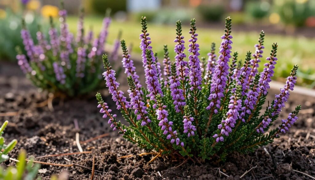 Vibrant, close-up image of healthy heather plants (wrzosy) in a well-prepared garden bed, showcasing their lush green foliage and blooming purple flowers. The foreground features clusters of heather, with dew glistening on the petals, highlighting their vivid colors. In the middle ground, a rich, loamy soil is visible, demonstrating proper soil conditions for heather growth. The background includes soft, blurred contours of a serene garden landscape, bathed in warm, natural sunlight, creating an inviting atmosphere. The image should evoke a sense of tranquility and bounty, shot with a shallow depth of field to emphasize the plants, taken from a slightly elevated angle to capture the delicate details while keeping the overall setting harmonious and serene. Vibrant, close-up image of healthy heather plants (wrzosy) in a well-prepared garden bed, showcasing their lush green foliage and blooming purple flowers. The foreground features clusters of heather, with dew glistening on the petals, highlighting their vivid colors. In the middle ground, a rich, loamy soil is visible, demonstrating proper soil conditions for heather growth. The background includes soft, blurred contours of a serene garden landscape, bathed in warm, natural sunlight, creating an inviting atmosphere. The image should evoke a sense of tranquility and bounty, shot with a shallow depth of field to emphasize the plants, taken from a slightly elevated angle to capture the delicate details while keeping the overall setting harmonious and serene.