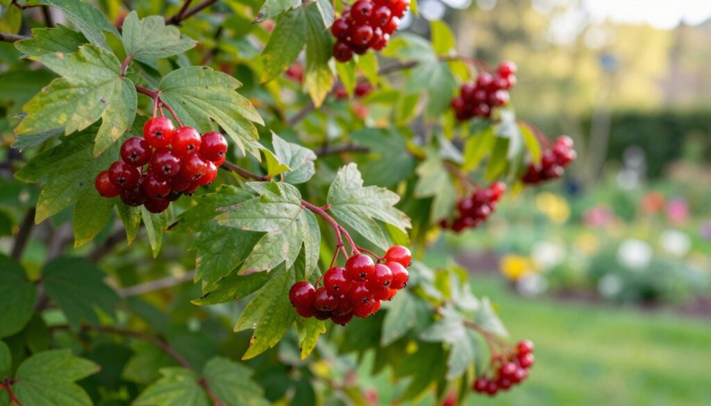 Vibrant clusters of viburnum berries, rich red with a glossy sheen, hanging from lush green leaves in a serene garden setting. The foreground features a close-up shot, showcasing the fruits in sharp focus, glistening under soft, natural sunlight. The middle ground includes the bush itself, full of healthy foliage, with some branches gently swaying in a soft breeze. In the background, a blurred garden landscape is softly lit, conveying a peaceful, tranquil atmosphere, hinting at other plants and flowers in bloom. The overall mood is warm and inviting, perfect for illustrating the culinary and herbal uses of these fruits. Use a realistic lens with a slight depth of field to emphasize the details of the berries and leaves, while keeping the background gently out of focus. Vibrant clusters of viburnum berries, rich red with a glossy sheen, hanging from lush green leaves in a serene garden setting. The foreground features a close-up shot, showcasing the fruits in sharp focus, glistening under soft, natural sunlight. The middle ground includes the bush itself, full of healthy foliage, with some branches gently swaying in a soft breeze. In the background, a blurred garden landscape is softly lit, conveying a peaceful, tranquil atmosphere, hinting at other plants and flowers in bloom. The overall mood is warm and inviting, perfect for illustrating the culinary and herbal uses of these fruits. Use a realistic lens with a slight depth of field to emphasize the details of the berries and leaves, while keeping the background gently out of focus.