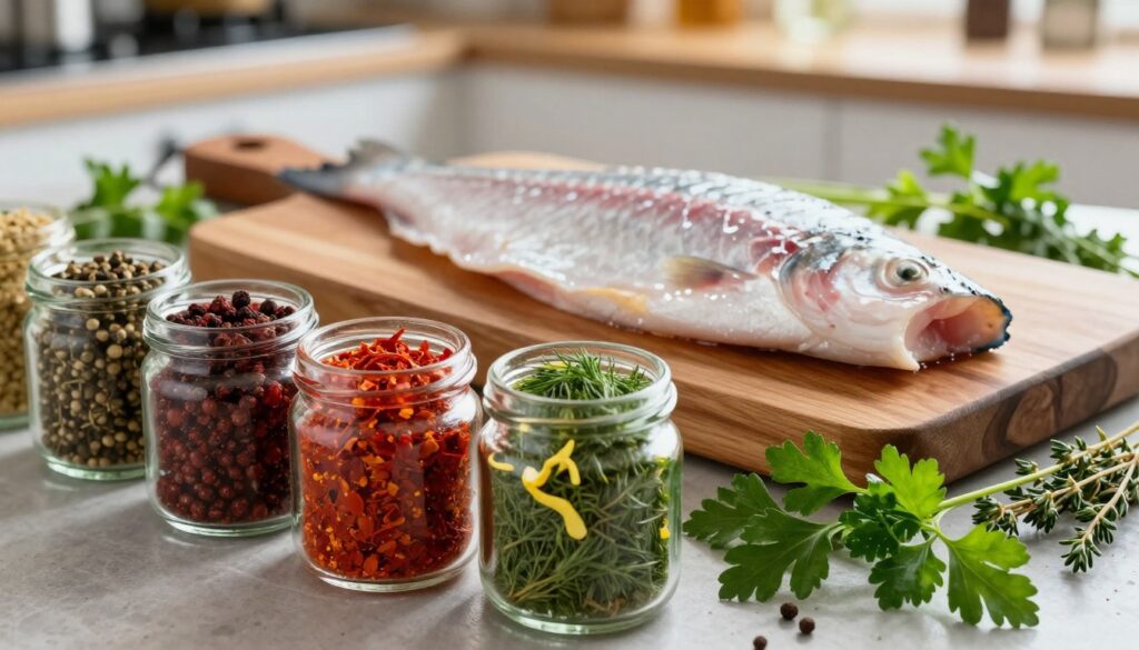 Vibrant composition featuring a beautifully arranged selection of fish spices and herbs. In the foreground, exquisite glass jars filled with colorful spices such as paprika, dill, and lemon zest, surrounded by fresh herbs like parsley and thyme. The middle ground showcases a polished wooden cutting board with raw fish fillets gently resting, glistening with natural juices, emphasizing freshness. The background includes a softly blurred kitchen setting with natural light streaming in, creating an inviting and serene atmosphere. The image should evoke a sense of culinary artistry, elegance, and the gentle extraction of natural flavors, highlighting the spices without overpowering the delicate fish. Focus on warm tones with a shallow depth of field to draw attention to the spices and fish. Vibrant composition featuring a beautifully arranged selection of fish spices and herbs. In the foreground, exquisite glass jars filled with colorful spices such as paprika, dill, and lemon zest, surrounded by fresh herbs like parsley and thyme. The middle ground showcases a polished wooden cutting board with raw fish fillets gently resting, glistening with natural juices, emphasizing freshness. The background includes a softly blurred kitchen setting with natural light streaming in, creating an inviting and serene atmosphere. The image should evoke a sense of culinary artistry, elegance, and the gentle extraction of natural flavors, highlighting the spices without overpowering the delicate fish. Focus on warm tones with a shallow depth of field to draw attention to the spices and fish.