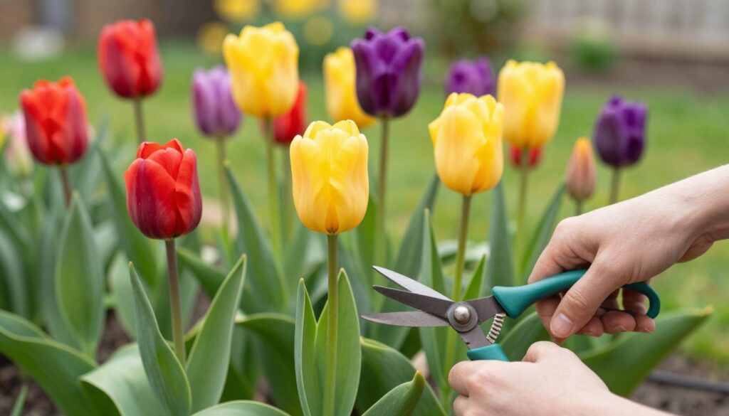 Vibrant tulip bulbs in a garden setting, showcasing lush green foliage and healthy, colorful tulip flowers just past their peak bloom. In the foreground, focus on a hand gently cutting the tulip stems with proper gardening shears, emphasizing a careful and knowledgeable approach. The middle ground displays a variety of tulip colors—red, yellow, and purple—interspersed among green leaves. The background features a soft-focus garden landscape under bright, natural sunlight, creating a warm and inviting atmosphere. Capture the essence of springtime gardening with a shallow depth of field for a professional look, highlighting the importance of proper tulip care after flowering. Vibrant tulip bulbs in a garden setting, showcasing lush green foliage and healthy, colorful tulip flowers just past their peak bloom. In the foreground, focus on a hand gently cutting the tulip stems with proper gardening shears, emphasizing a careful and knowledgeable approach. The middle ground displays a variety of tulip colors—red, yellow, and purple—interspersed among green leaves. The background features a soft-focus garden landscape under bright, natural sunlight, creating a warm and inviting atmosphere. Capture the essence of springtime gardening with a shallow depth of field for a professional look, highlighting the importance of proper tulip care after flowering.